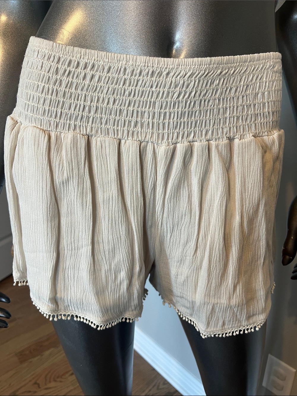 Audrey 3+1 Cream Smocked Waist Pom-Pom Hem Shorts